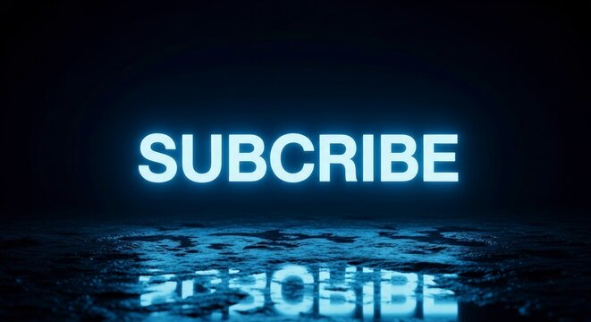 Illuminated Subscribe Text Reflected in Water, Dark Background.
