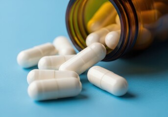 White capsules spill out of a brown glass bottle onto a blue surface