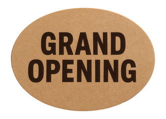 Oval sticker with GRAND OPENING promotion in bold lettering, effective retail offer on transparent background.