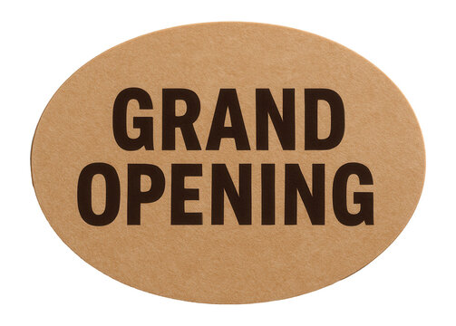Oval sticker with GRAND OPENING promotion in bold lettering, effective retail offer on transparent background.
