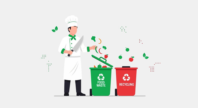 Chef Sorting Food Waste and Recycling Illustrating Environmental Awareness and Sustainability