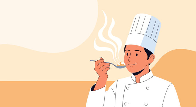Chef Tasting Delicious Dish, Smelling Aroma, Gourmet Food Preparation, Culinary Excellence
