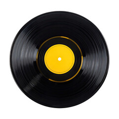 Close-up of a black vinyl record with a yellow center label