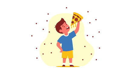 Child Enthralled By Pizza: Cartoon Illustration Capturing Joy And Culinary Delight