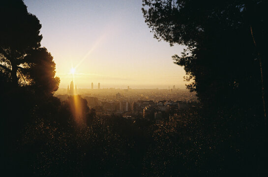 Sunset View Over Barcelona Skyline From a Scenic Viewpoint