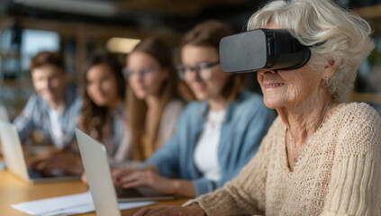 Senior woman wearing VR headset exploring virtual reality with students using technology for education and entertainment