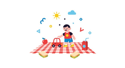 Naklejka premium Child Enjoying A Picnic With Toys And Snacks On A Sunny Day Of Joyful Adventures