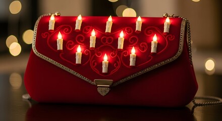 A red purse decorated with candle lights on a blurred background