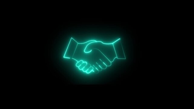 Teal neon outline of a handshake icon on a black background agreement deal
