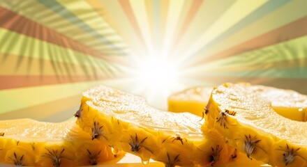 Close up of pineapple slices with a bright sunburst background