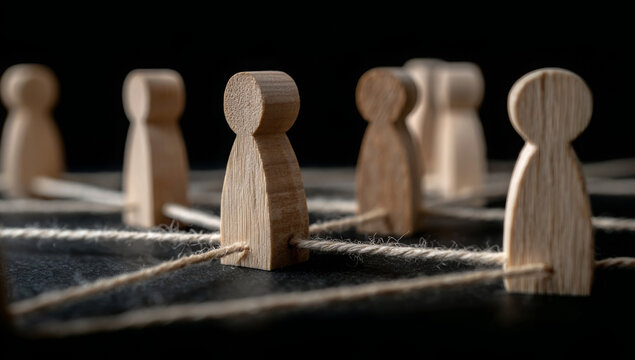 Wooden human figures connected by string representing networking and communication ideal for illustrating teamwork and social connections