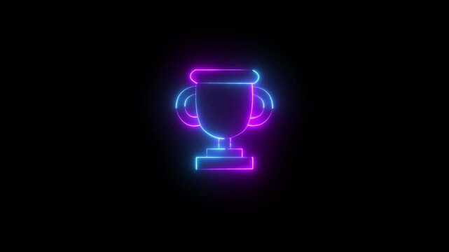 Purple and blue neon outline of a trophy icon on a black background award winner