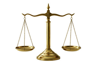 Antique brass justice scales of balance and fairness isolated on transparent background