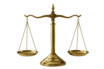 Antique brass justice scales of balance and fairness isolated on transparent background