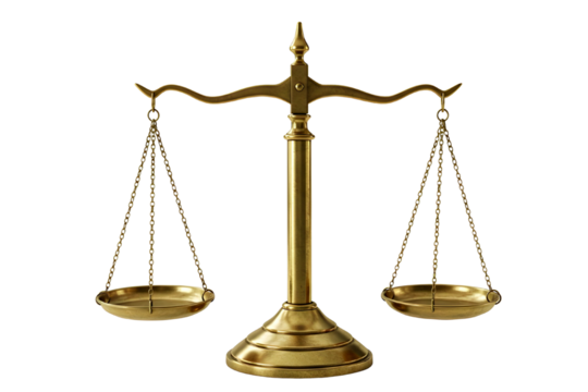 Antique brass justice scales of balance and fairness isolated on transparent background