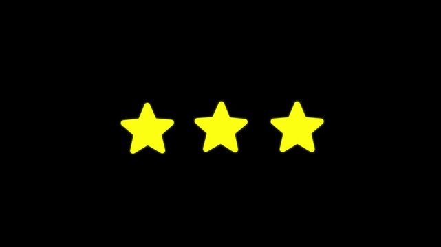 5 star top rating - Flat design animation showing customer satisfaction and high quality great review with five yellow golden stars. Animated vector transparent alpha channel background