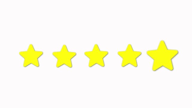 5 star top rating - Flat design animation showing customer satisfaction and high quality great review with five yellow golden stars. Animated vector transparent alpha channel background