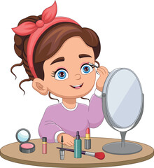 Little girl putting on makeup in front of the mirror