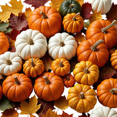 Autumn pumpkins of various sizes with colorful fall leaves