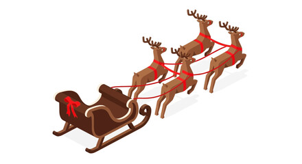 Isometric Santa's Sleigh being pulled by Reindeers, Christmas illustration