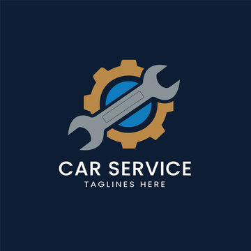Robust car service logo featuring a wrench and gear integrated into an automotive design, representing reliable auto repair, maintenance, and expert mechanics, ideal
