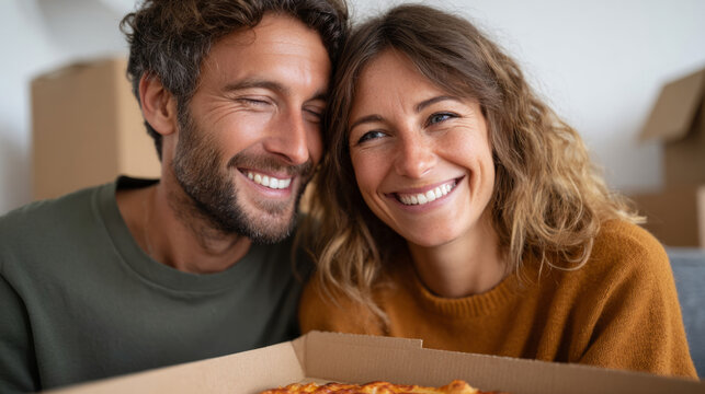 Happy couple enjoying pizza in new home surrounded by moving boxes - Powered by Adobe