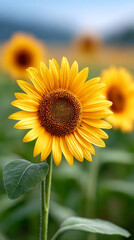 Obraz premium Sunlit field of sunflowers swaying in the breeze under clear summer skies