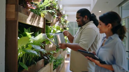 Diverse colleagues maintaining a vertical garden, watering plants in a modern sustainable green office corridor - Powered by Adobe
