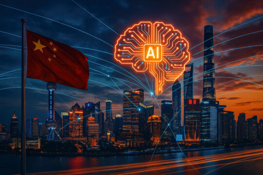 A Stunning Urban Landscape Featuring AI Technology and Innovation Over the Skyline, Highlighting the Fusion of Modern Architecture and Digital Advancements