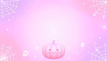 Dreamy pastel pink kawaii Halloween background with cute pumpkin and sparkling stars
