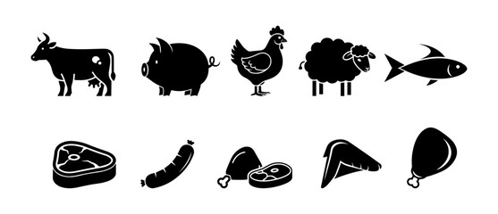 Farm animal and meat products icon set. Cow, pig, chicken, sheep, fish, steak, sausage, and meat cuts silhouette vector illustration. © Ezra
