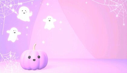 Dreamy pastel pink kawaii Halloween background with cute pumpkin and sparkling stars