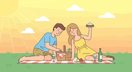 Couple having a picnic at sunset with food, wine and a sunny day