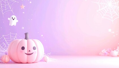 Dreamy pastel pink kawaii Halloween background with cute pumpkin and sparkling stars