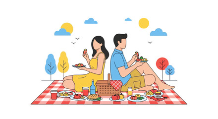 Couple Enjoying Food On A Picnic Blanket Under The Sunny Sky Outdoors