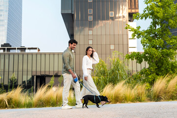 Carefree summer walk through the city with lovely pet
