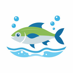 Fototapeta premium Blue and Green Fish Swimming in Ocean Waves with Bubbles, Isolated White Background.