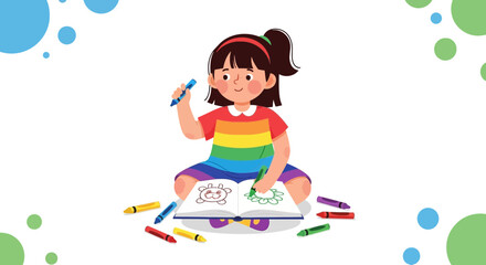 Creative Child Coloring a Book with Crayons While Sitting Joyfully Inside Frame