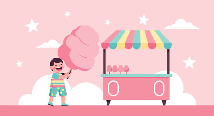 Cute Cartoon Illustration of a Boy with Cotton Candy and a Carnival Booth Display
