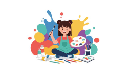 Creative Girl Painting With Palette and Brush and Splashes of Color in Animation