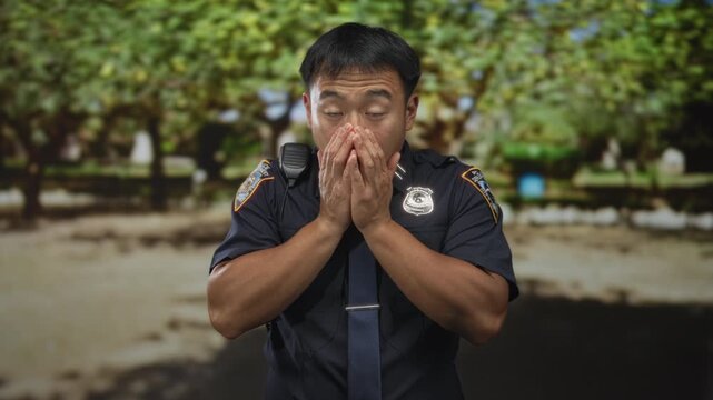 Young chinese man wearing police uniform and badge covers nose with hands amid lush green forest trees; disgust.