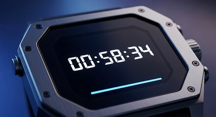 Close up of a digital watch displaying the time fifty eight minutes and thirty four seconds on a dark screen