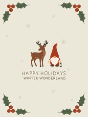 Christmas greeting card with festive gnome and reindeer