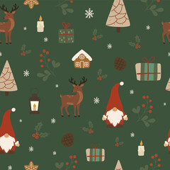 Christmas seamless pattern with gnomes, deer, and holiday elements