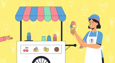 Delicious Ice Cream Vendor Offers Fresh Scoop To Eager Client On Bright Summer Day