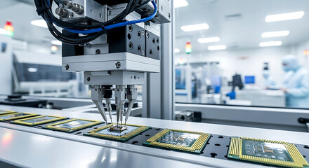 Automated machine assembling microchips on a conveyor belt in a clean manufacturing environment