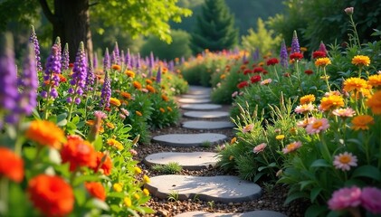 Winding Garden Path with Colorful Flowers and Stepping Stones Leading to Tranquil Destination