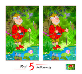 Find 5 differences. Drawing of a curious tourist in walking through the jungle. Logic puzzle game for children and adults. Page for kids brain teaser book. Hand drawn flat vector illustration.