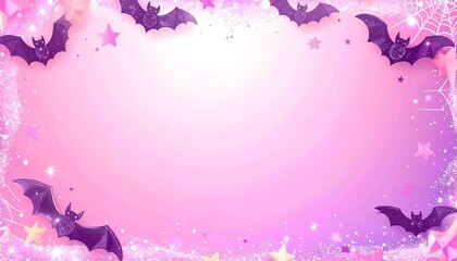 Whimsical pastel pink Halloween background with glitter bats and kawaii stars