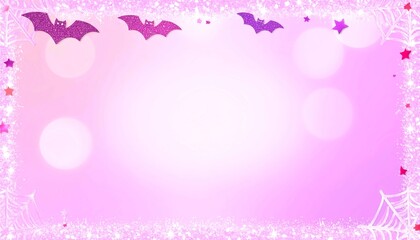 Whimsical pastel pink Halloween background with glitter bats and kawaii stars